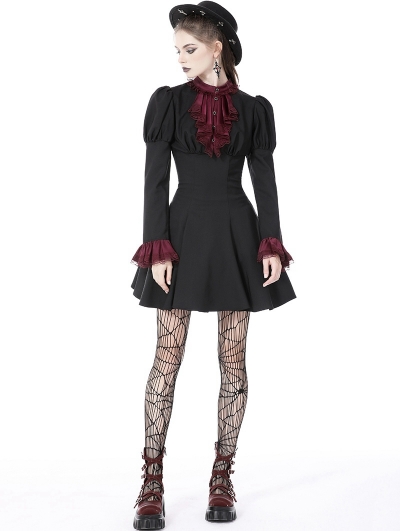 Black Gothic Blood Preppy Long Sleeve Short Dress