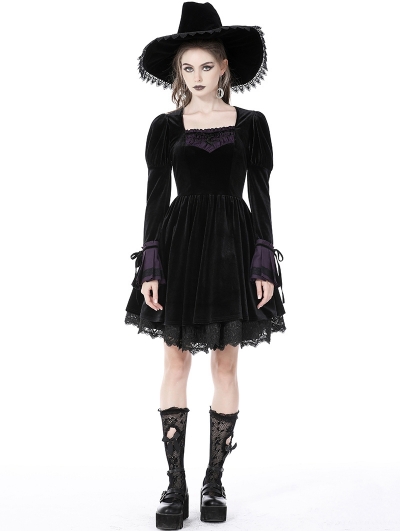 Black Gothic Walpurgis Night Purple Splicing Short Velvet Dress