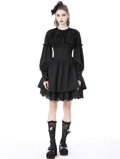 Black Gothic Cross Coffin Collar Long Sleeve Short Doll Dress