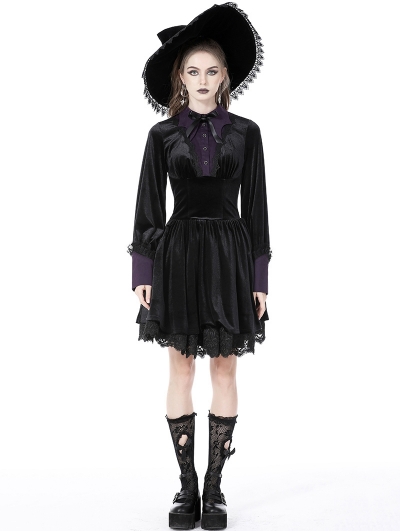Black and Purple Gothic Witch Shirt Collar Short Velvet Dress