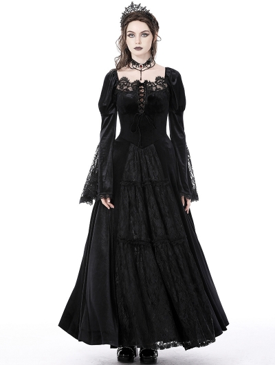 Black Gothic Vintage Gorgeous Velvet Lace Splicing Maxi Party Dress