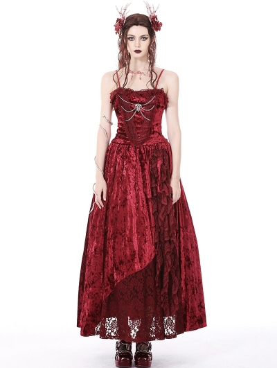 Red Gothic Blood Rose Lace Gorgeous Spaghetti Strap Velvet Maxi Party Dress