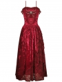 Red Gothic Blood Rose Lace Gorgeous Spaghetti Strap Velvet Maxi Party Dress