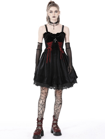 Black Gothic Bloody Lace Up Short Velvet Strap Party Dress