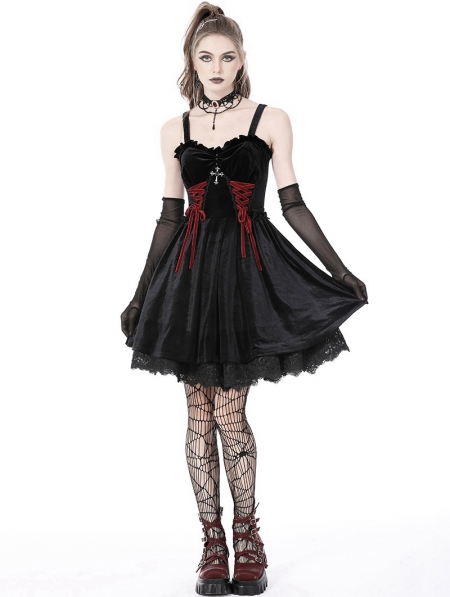 Black Gothic Bloody Lace Up Short Velvet Strap Party Dress - Devilnight ...