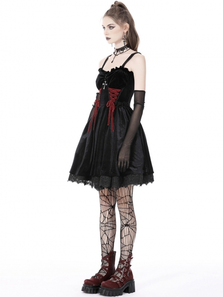 Black Gothic Bloody Lace Up Short Velvet Strap Party Dress - Devilnight ...