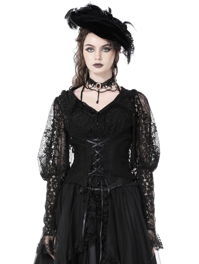 Black Retro Gothic Sexy V-Neck Lace Long Sleeve Blouse for Women