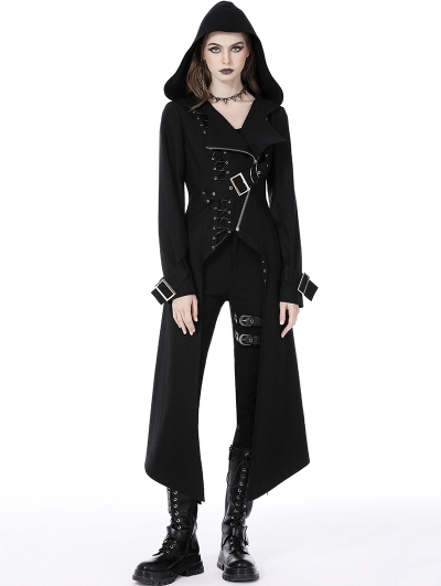 Black Gothic Punk Asymmetrical Hooded Long Coat for Women