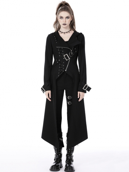 Black Gothic Punk Asymmetrical Hooded Long Coat for Women - Devilnight ...