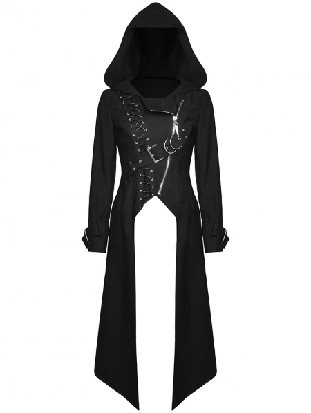 Black Gothic Punk Asymmetrical Hooded Long Coat for Women - Devilnight ...