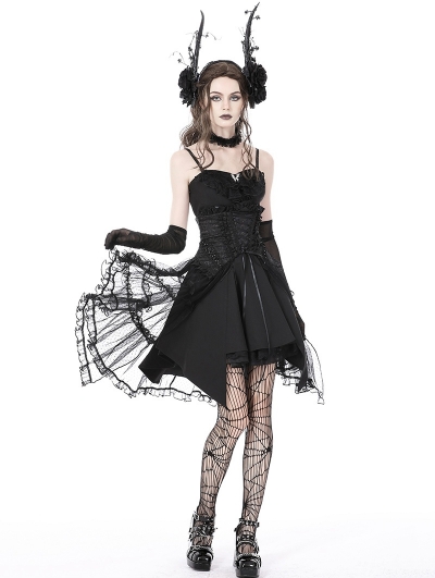 Black Gothic Luxe Court Lace Up Frilly Mesh Tunic Skirt