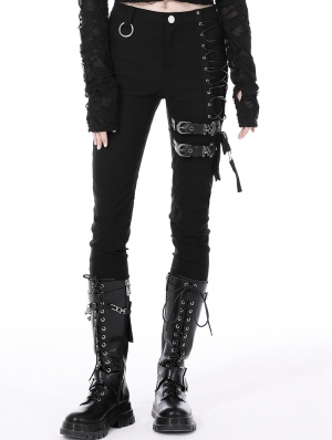 Black Gothic Punk Locomotive Rebel Asymmetric Long Trousers for Women