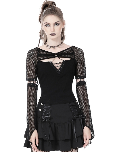 Black Gothic Punk Rebel Girl Net Long Sleeve T-Shirt for Women