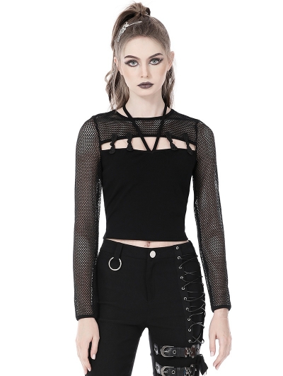 Black Gothic Punk Hollow Out Sexy Long Net Sleeves T-Shirt for Women
