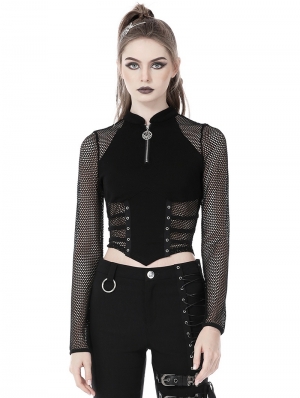 Black Gothic Punk Sexy Net Long Sleeve Wrap Top for Women