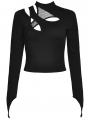 Black Gothic Daily Wear Hollow Out Long Sleeve T-Shirt for Women