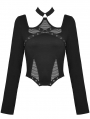 Black Gothic Punk Sexy Net Splicing Halter T-Shirt for Women