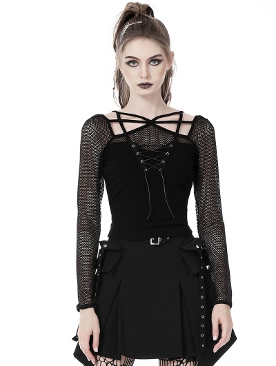 Black Gothic Rebel Girl Net Long Sleeve Daily Wear T-Shirt for Women