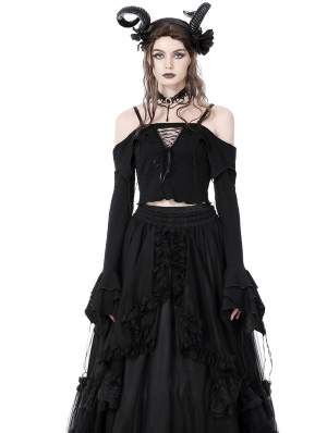 Black Gothic Princess Off-the-Shoulder Long Sleeve Short Shirt for Women