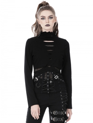 Black Gothic Punk Net Metal Buckle Long Sleeve T-Shirt for Women