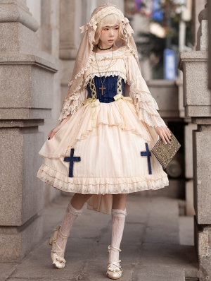 Immortal Song Beige/Black Ruffle Square Neckline Classic Lolita JSK Dress