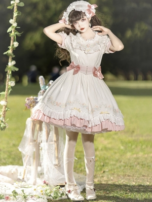 White and Pink Ruffle Floral Embroidery Long Sleeve Sweet Lolita OP Dress
