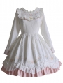 White and Pink Ruffle Floral Embroidery Long Sleeve Sweet Lolita OP Dress