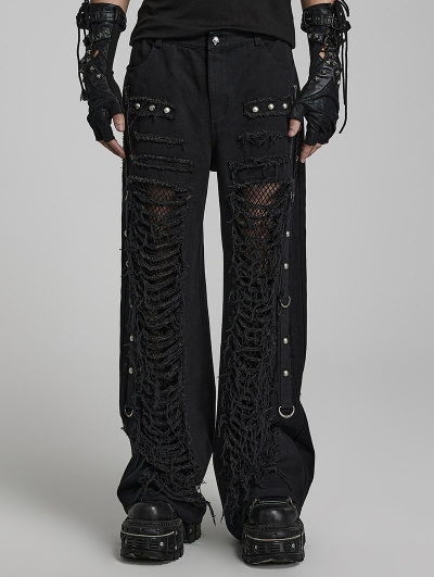 Black Gothic Doomsday Ripped Loose Fit Denim Pants for Men