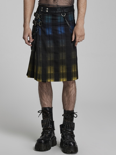 Yellow and Blue Plaid Gothic Punk Gradient Scottish Kilt for Men