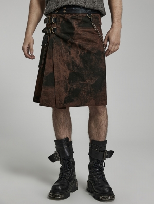 Black and Coffee Gothic Steampunk Print Skirt for Men