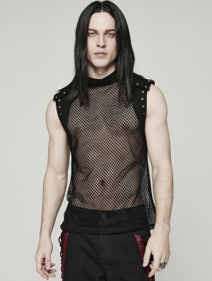 Black Gothic Punk Sexy Mesh Vest Top for Men