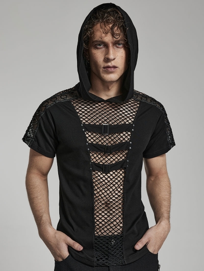 Black Gothic Punk Hollow Mesh Short Sleeve Hooded T-Shirt for Men