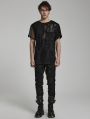 Black Gothic Punk Ripped Irregular Mesh Short Sleeve T-Shirt for Men