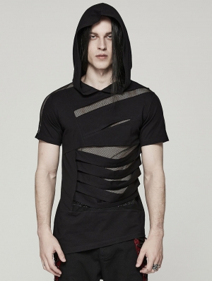 Black Gothic Hooded Mesh Splicing Knit Short Sleeve T-Shirt for Men