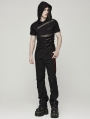 Black Gothic Hooded Mesh Splicing Knit Short Sleeve T-Shirt for Men