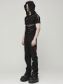 Black Gothic Hooded Mesh Splicing Knit Short Sleeve T-Shirt for Men