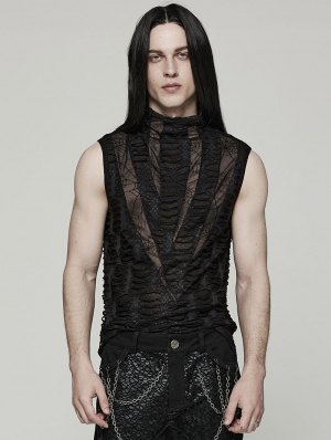 Black Gothic Spider Web Distressed Mesh Sleeveless T-Shirt for Men