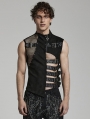 Black Gothic Punk Irregular Hollow Mesh Splicing Vest Top for Men