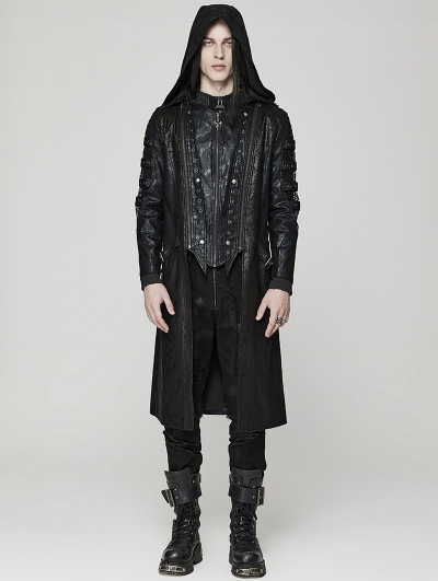 Black Gothic Punk Distressed Hooded Hollow Long Coat for Men