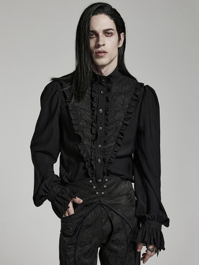 Black Retro Gothic Chiffon Stand Collar Puff Sleeve Party Shirt for Men