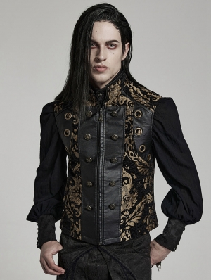 Black and Gold Vintage Gothic Ornate Jacquard Party Waistcoat for Men