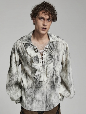 White Gothic Tie-Dyed Jacquard Long Sleeve Loose Shirt for Men