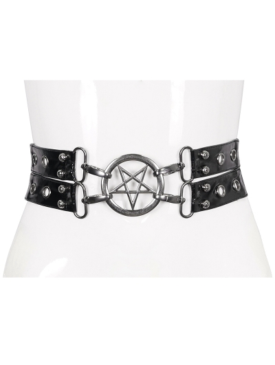 Black Gothic Punk Pentagram Faux Leather Double Layer Waistband Belt