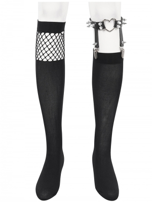 Black Gothic Punk Asymmetrical Mesh Spliced Knee Socks