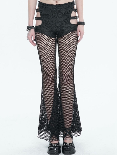 Black Gothic Sexy Cutout Mesh Long Flared Pants for Women