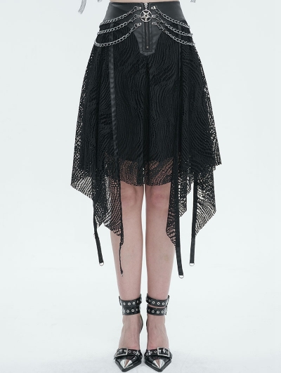Black Gothic Punk Street Chain Net Irregular Skirt