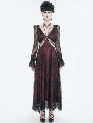 Black and Red Vintage Sexy Gothic Lace Long Sleeve Party Dress