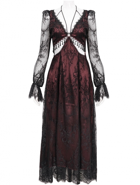 Black and Red Vintage Sexy Gothic Lace Long Sleeve Party Dress ...