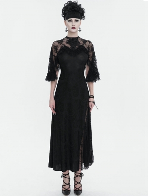 Black Gothic Vintage Elegant Lace Slit Long Party Dress