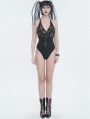 Black Gothic Punk Skull Mesh Halter One-Piece Swimsuit